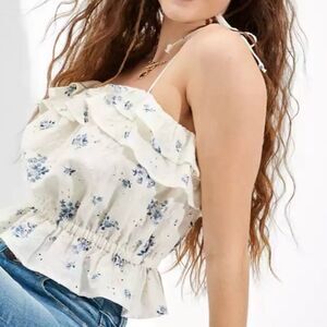 American Eagle Ruffled Tie Strap Floral Linen Blend Eyelet Crop Top Women's Med.